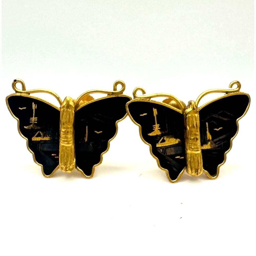 Amita Japan Damascene vintage gold plated black butterfly screw back earrings